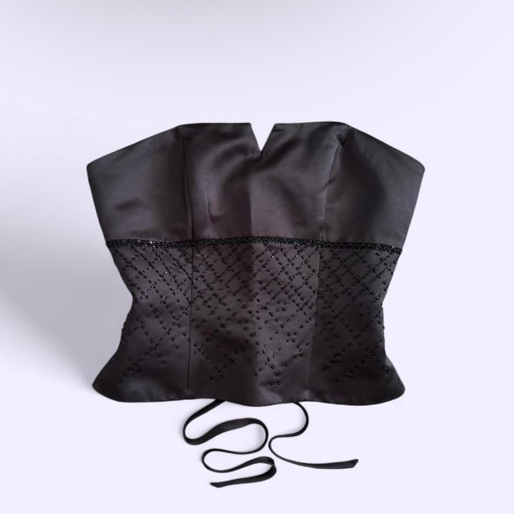 Vintage Y2K Black Satin Beaded Corset Top Lace Up Open Shoulder 90s
